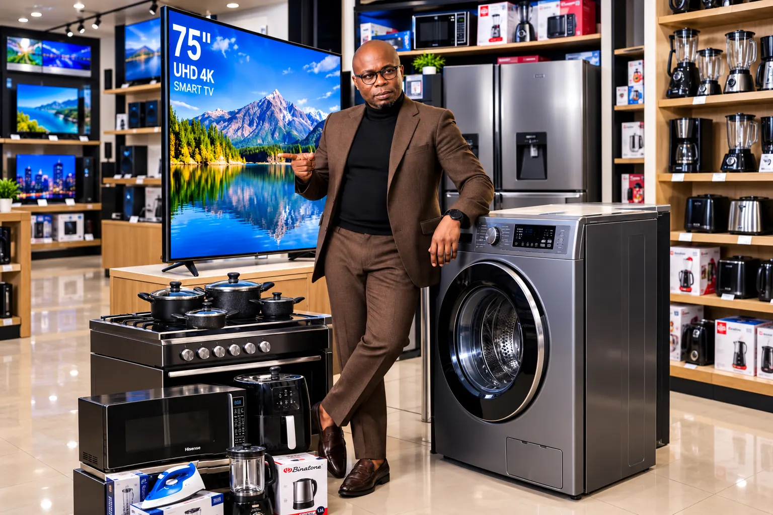 Our owner beside a smart TV, washing machine and kitchen appliances